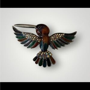 Vintage Colorful Enamel Hummingbird Brooch Gold Tone Bird Pin
